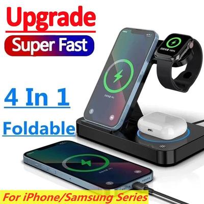 Подставка для беспроводного зарядного устройства 4 в 1 для iPhone 14 13 X Samsung Apple Watch Airpods iWatch Складная док-станция для быстрой зарядки