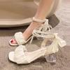 Fashion New Sandals Women 2024 Fashion Open Toed Heels Women Pearl Lace Up Women Shoes Party Wedding Chunky Heels Pumps Crystal Heels