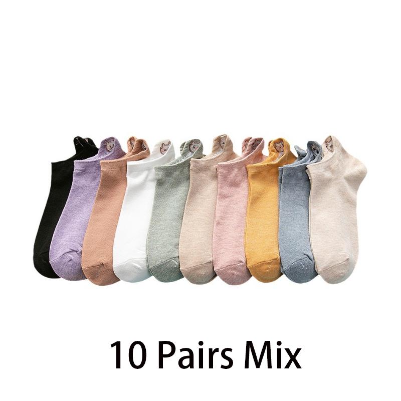 5/10 пар женских носков до щиколотки, мультяшная вышивка, кошка, забавные короткие носки, модные носки-невидимки с низким вырезом, мягкие повседневные женские носки-лодочки