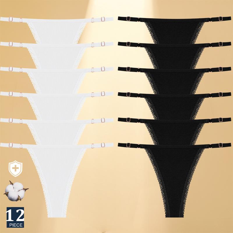 FINETOO 12Pcs Sexy G-string Panties Cotton Women's Underwear Adjustable Waist Girl Female Pantys Bikini Lady Thongs Lingerie