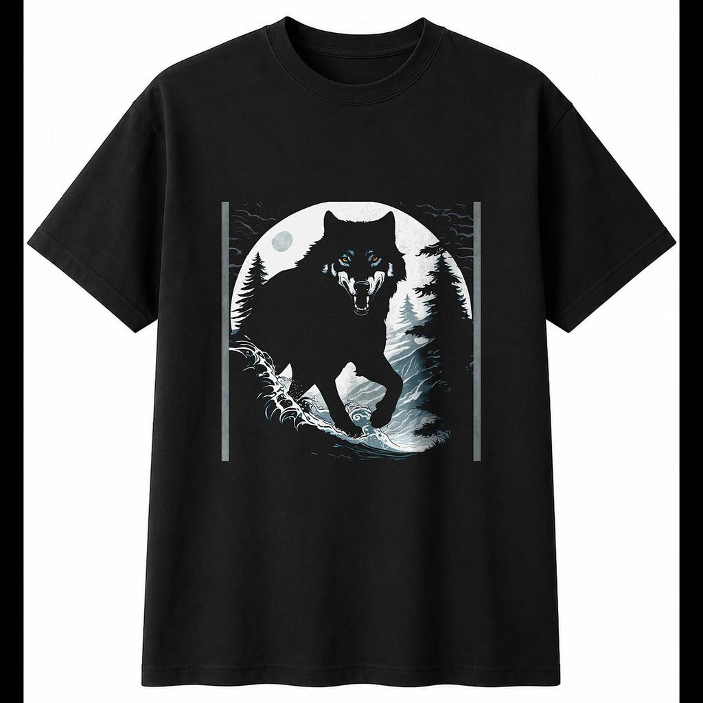Botanical Grey Wolf in the Waves Wildlife Mens T-Shirt Black 100% Cotton Printed