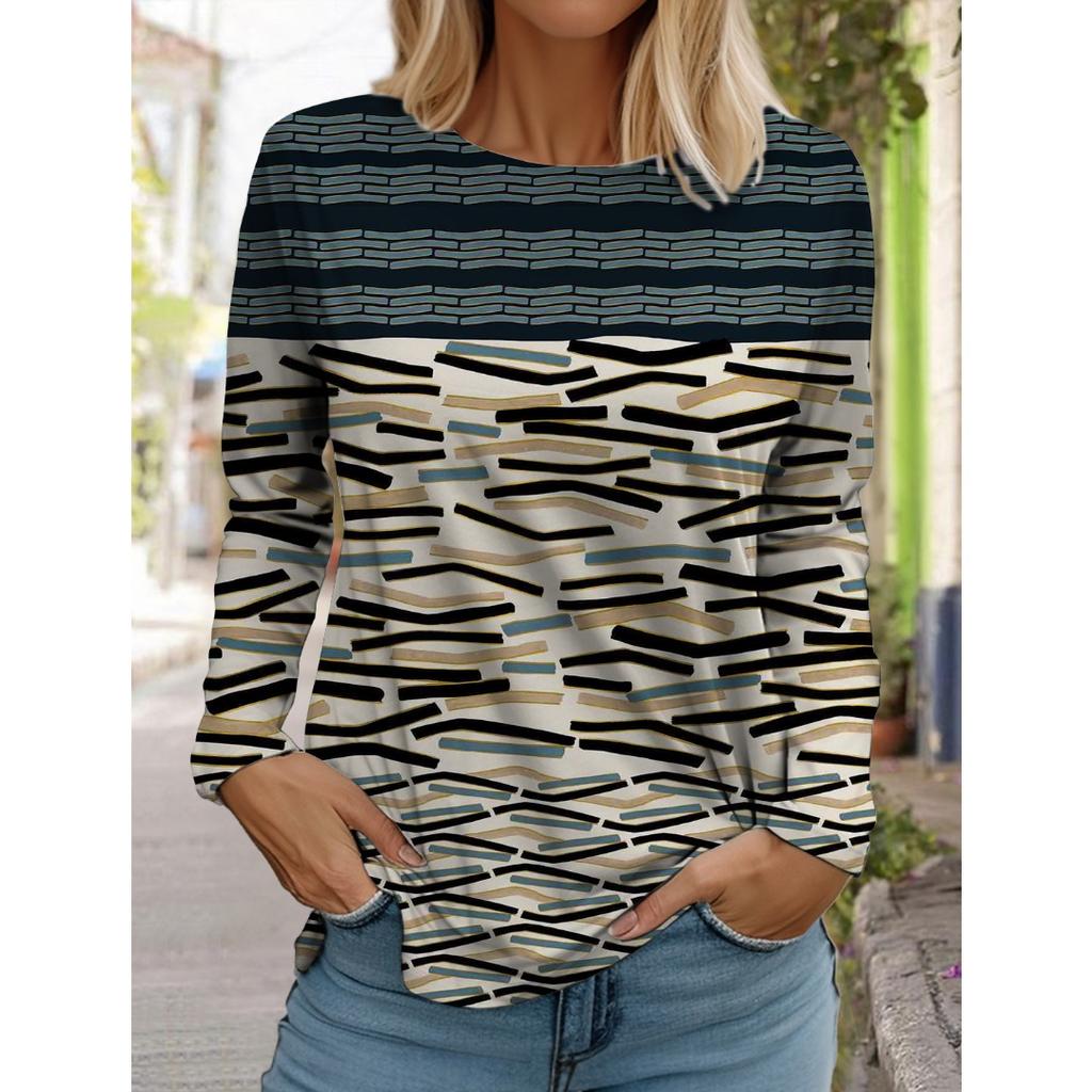 Women's White Long-sleeved Tops Round Neck Casual Tops 3d Printed Flowers Fashion Stickers Printed Women's Long-sleeved T-shirt