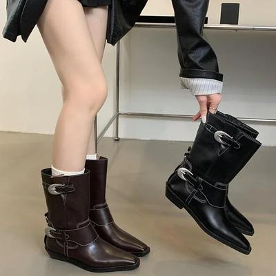 Женские сапоги в стиле вестерн, модные туфли с пряжкой на ремне в стиле ретро, осень-зима, женские рыцарские сапоги до середины голени