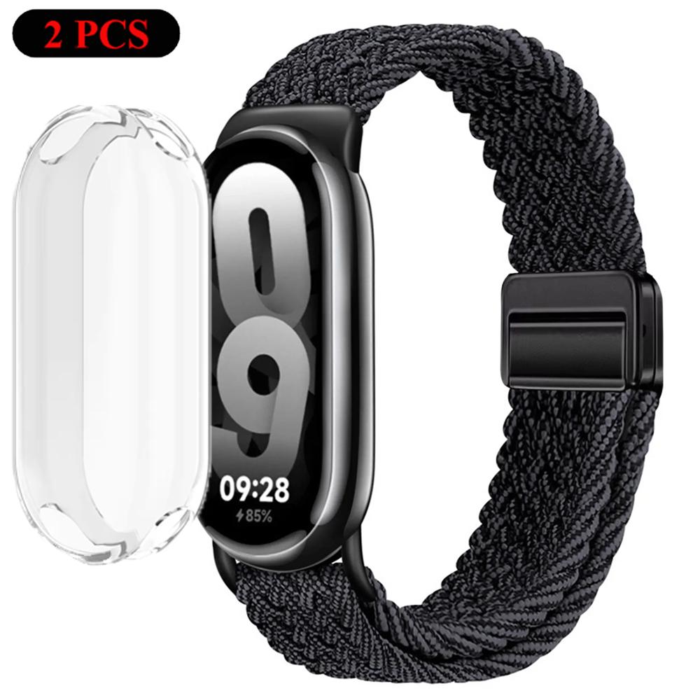 Чехол+Ремешок для Xiaomi Miband 10 9 8 Плетеный Нейлоновый Удобный Браслет Ремешок для Mi Band 10/9/8 NFC Miband 10/9 Керамический Ремень