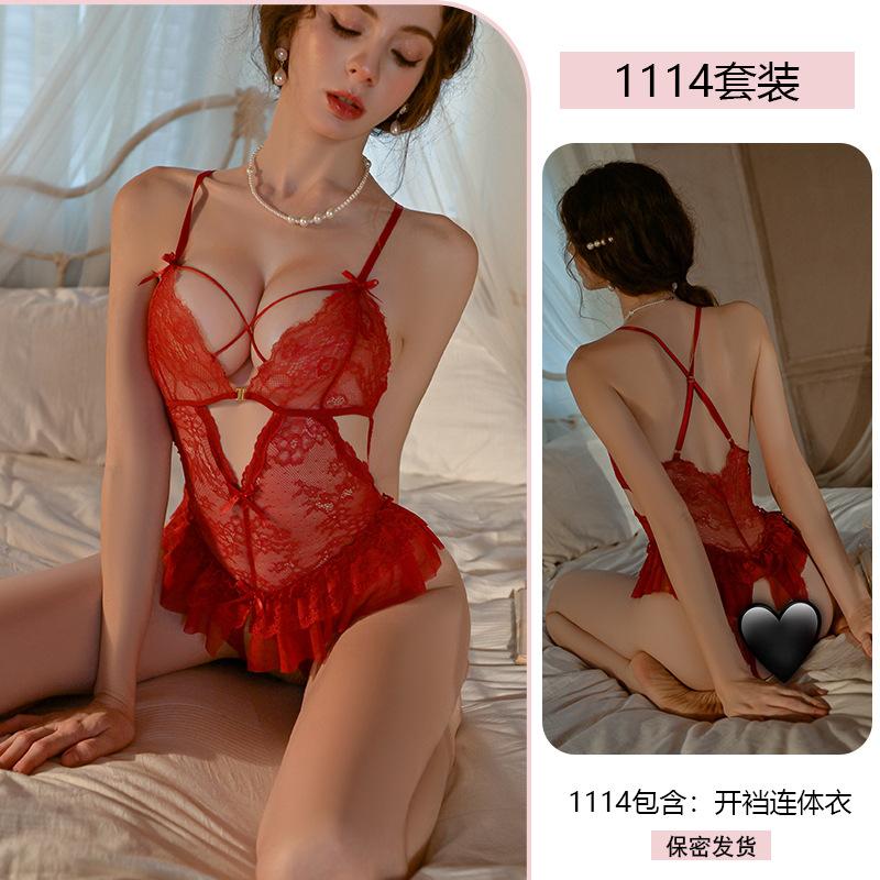Original Sexy Pure Desire Lace One-piece Women's see-through open-crochet Erotic Underwear no-take Uniform pajamas 1114