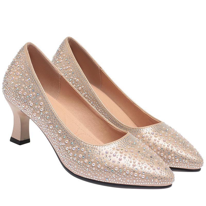 Туфли на высоком каблуке, модные, с подиума, кожаные, с блестками и бусинами, весенние и осенние женские туфли-одиночки