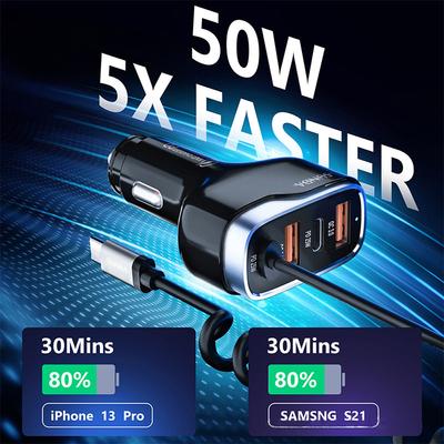 Быстрое автомобильное зарядное устройство USB C, 3-быстрое автомобильное зарядное устройство Super Quic мощностью 55 Вт PD& QC3.0 со сверхбыстрым спиральным кабелем типа C мощностью 50 Вт