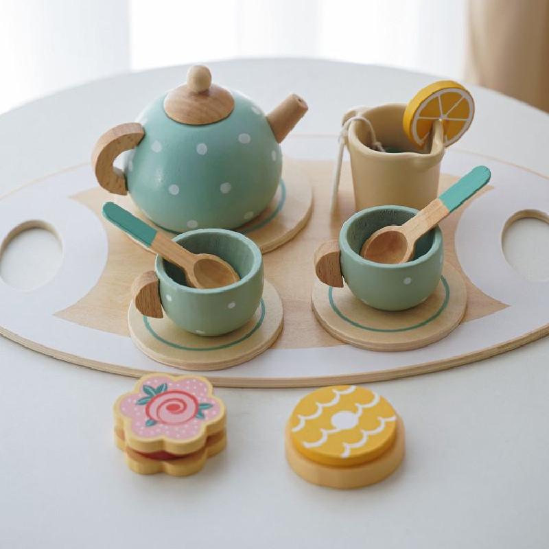 Children Play Tea Set With Wooden Cake And Pots For Creative Kitchen Pretend Games