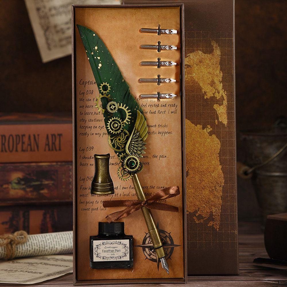 Carving Pen Stand Base Feather Pen Set Glittering Quill Pen Set Writing Dip Pen Feather Dip Pen