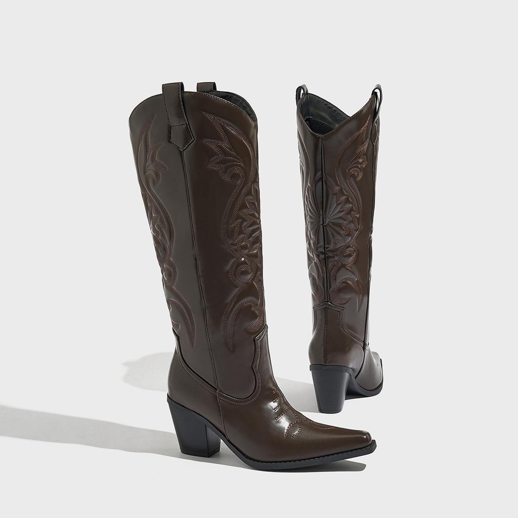 Western Boot Retro Embroidery Round Pointed Top Thick Heel V-shaped Wide Cuff Thick Bottom Long Boots Women's Chunky Heels Boots