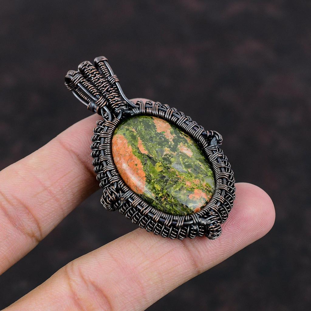 Кулон из унакита, кулон в медной проволоке, ювелирные изделия из унакита, кулон с драгоценным камнем, красивые медные украшения, женский специальный подарок, кулон ручной работы