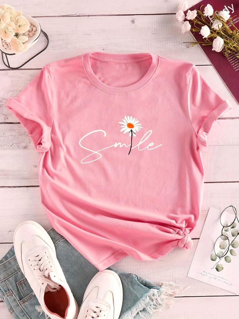 Flower & Letter Print Crew Neck T-Shirt Casual Short Sleeve Shirt for Summer New Women's Clothing Comfortable Soft Creative Tops