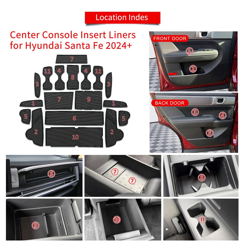 Smabee для Hyundai Santa Fe 2024 2025 2026 Автомобильные коврики-вкладыши в центральные дверные ниши Противоскользящие коврики в дверные карманы и подстаканники Резиновые аксессуары для интерьера