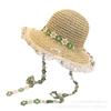 French small floral lace edge strap breathable straw hat women's summer braided butterfly brim foldable lightweight top hat