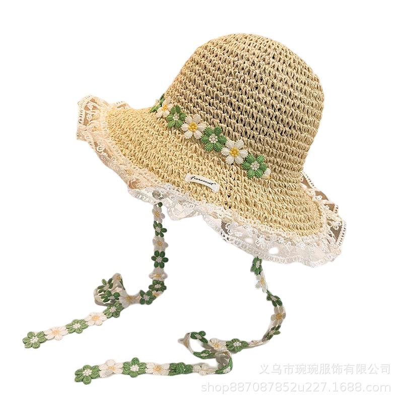French small floral lace edge strap breathable straw hat women's summer braided butterfly brim foldable lightweight top hat