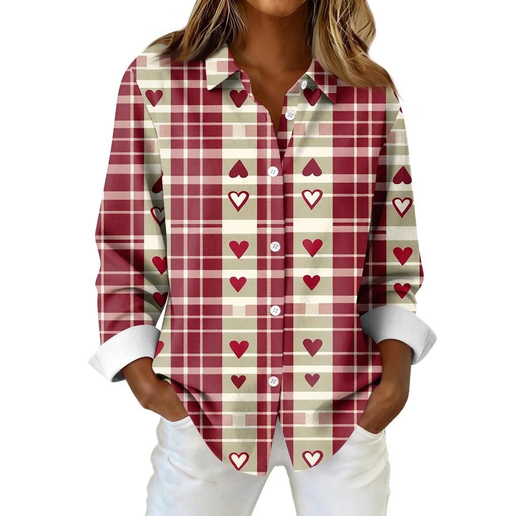 Женская рубашка-блузка с рождественским принтом и пуговицами, длинный рукав, повседневный базовый рубашечный воротник, обычный топ