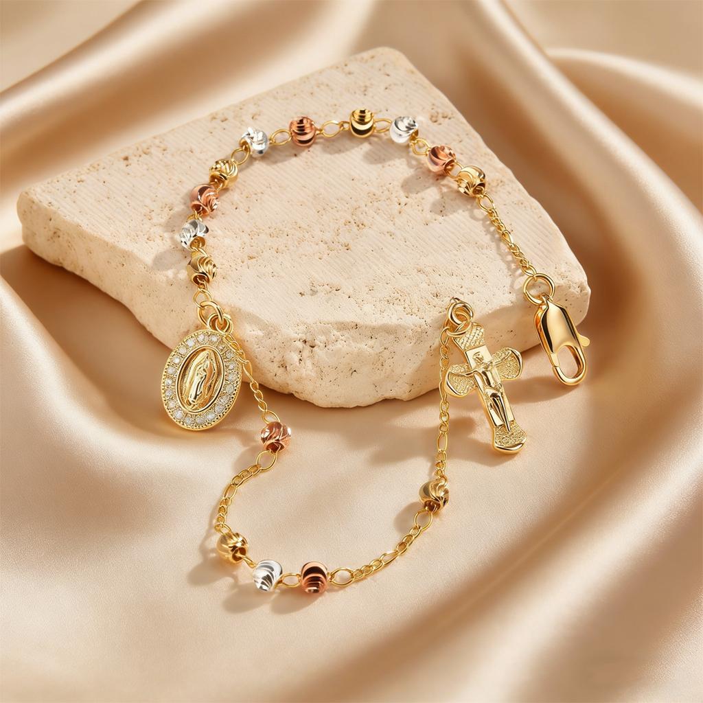 Luxury Retro Virgin Mary Tri-color Bead Cross Bracelet for Women,  Adjustable Chain Jesus Pendant Bracelet, Religious Jewelry