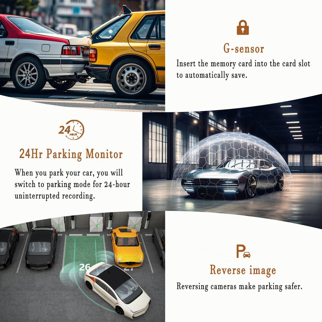 3-inch IPS 4-lens 1080P HD car dashcam with night vision, G-sensor, loop recording, motion detection, parking monitoring, 12V ci