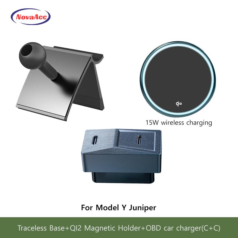 Car Magnetic Wireless Charging Phone Holder For Tesla Model Y Juniper Model 3 Highland 2021-2025 Transparent Base OBD Charger
