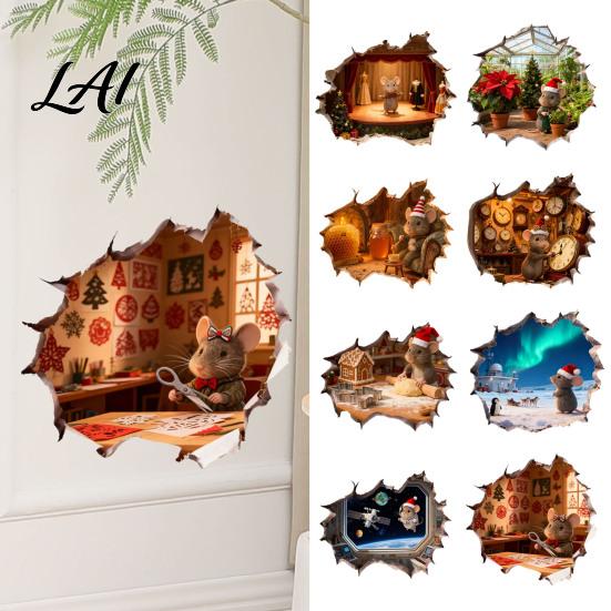 Creative Gift for Friends 3D Christmas Mouse Hole Wall Sticker Waterproof PVC Decal Festive Removable Window Cling Scene Easy Apply Holiday