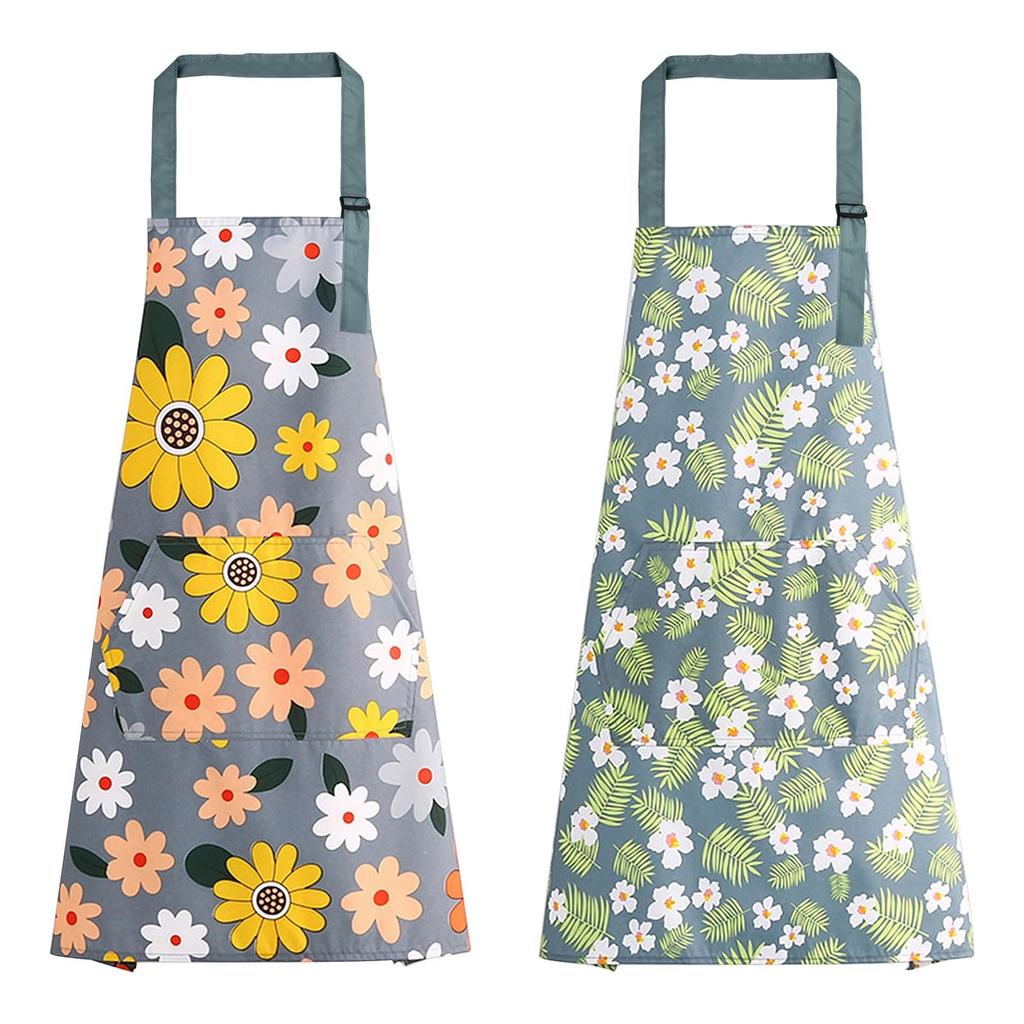 Becanno Women's Waterproof Apron, Adjustable Cooking Apron, Unisex Set of 2 with Pockets, Floral Print Apron for Cooking, Gardening, Baking, and