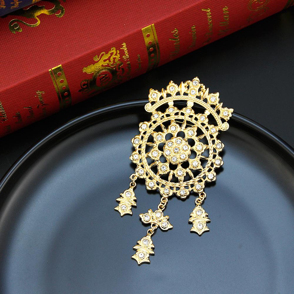 Women's Crystal Brooch Gold Color Round Flower Metal Brown Brooch Hijab Pins Bridal Jewelry