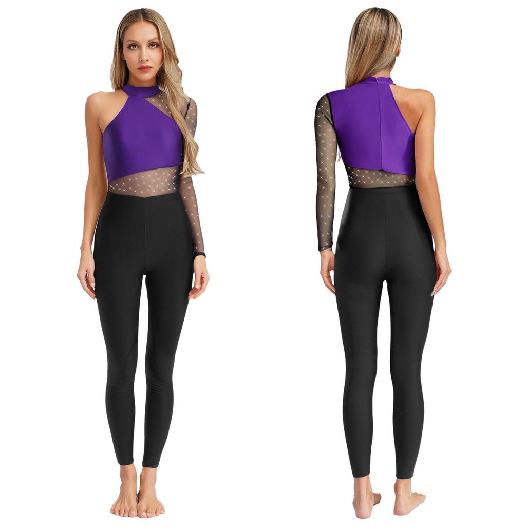 One Shoulder Dance & Stage Bodysuit for Women S-XXL: Sparkling Rhinestone & Sheer Mesh Long Sleeve Gymnastics Costume