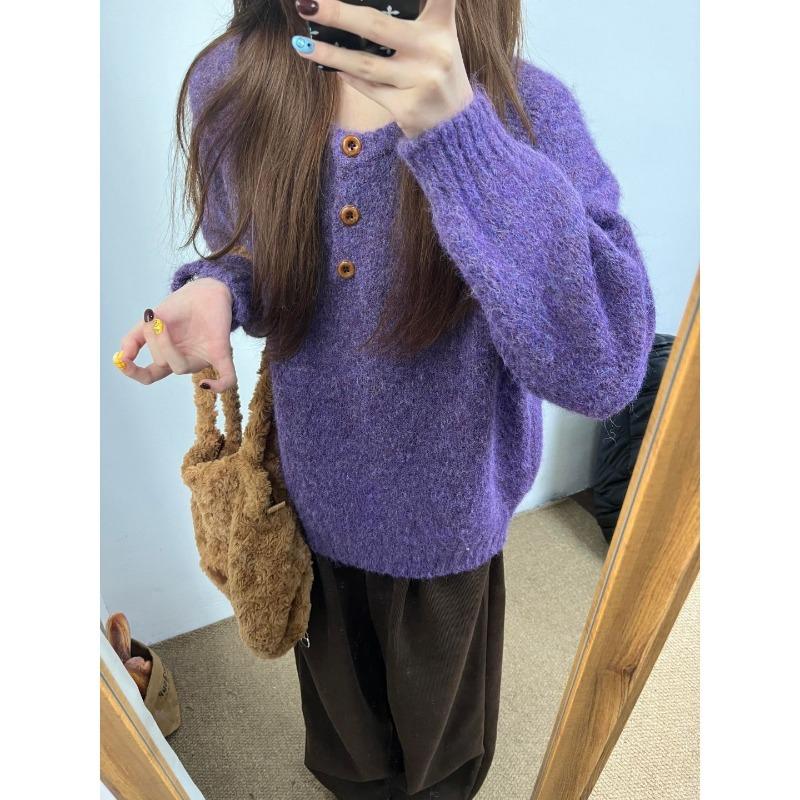Half-open neck button sweater women's autumn and winter thickened warm large version meat cover long-sleeved age-reducing knitted bottoming top
