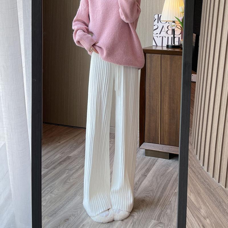Белые вязаные широкие брюки, женские свободные маленькие прямые повседневные брюки с завышенной талией на осень и зиму