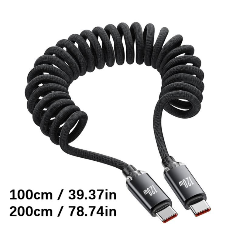 Быстрый кабель питания 120 Вт USB C на Type C Пружинная усиленная оплетка Дизайн против разрыва Подходит для зарядки мобильных устройств