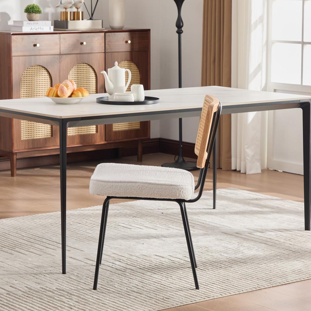 Modern Dining Chair, Set of 2, Chenille Upholstery, without Armrests, Solid Wood Frame on the Backrest, Rattan Look, Adjustable Metal Feet-Ivory