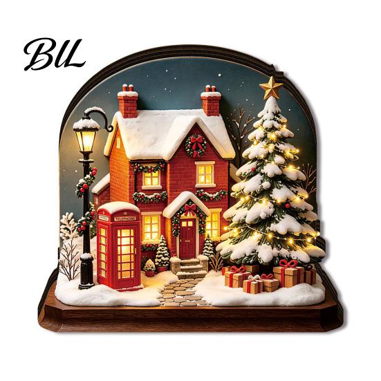 Wooden Christmas Tabletop Decorations Light Up House Table Ornament, LED Lighted Gift for Friends Book Nook Village Decoration Holiday Party