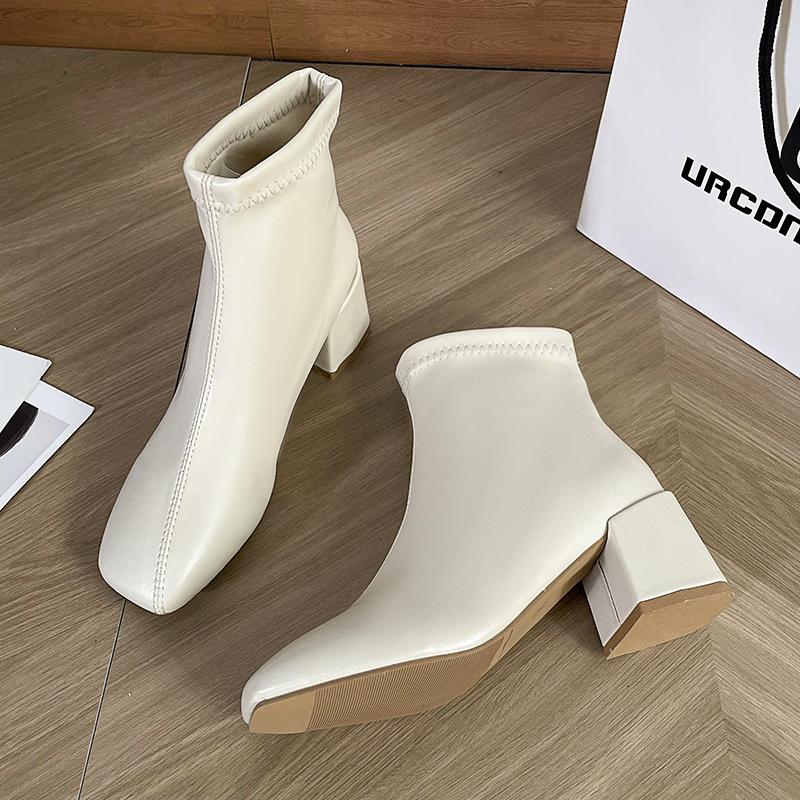 Fashion Casual Women's Thick Heel Medium Heel Boots Women's 2024 New Winter Square Toe Back Zipper Heightening Short Boots