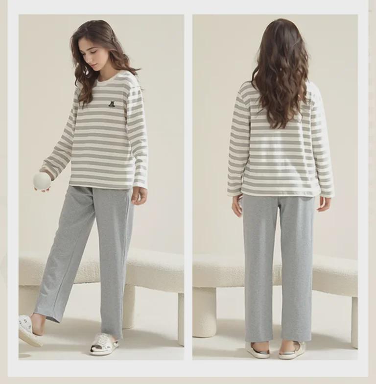 Женская осенняя пижама с длинными рукавами и рисунком из мультфильмов, с нагрудными накладками - тонкий хлопок для ношения в помещении и на улице весной, осенью и зимой