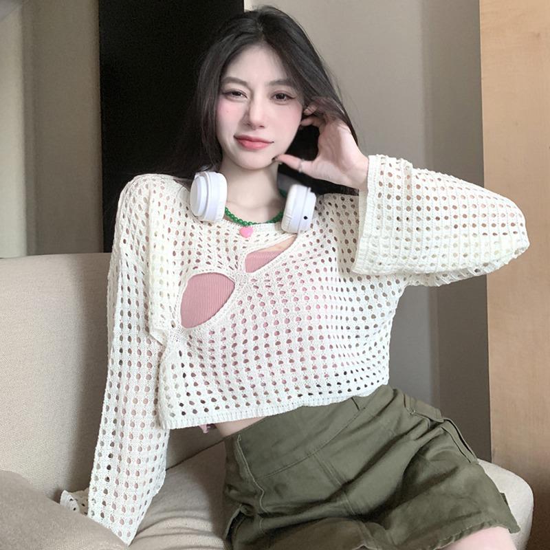 Women's Blouses Loose Round Neck See-through Mesh Knitted Tops