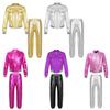 Kids Boys Girls Jazz Hip Hop Dance Costumes Shiny Metallic Long Sleeves Bomber Jacket and Sweatpants Set