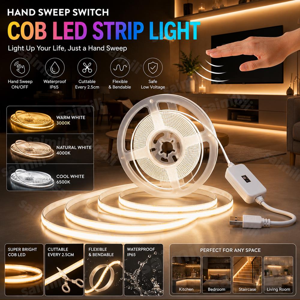 COB LED Ribbon Light 5V USB Powered Dimmable Dotless Linear Tape With Hand Scan On/Off Switch For TV Background Household Decor