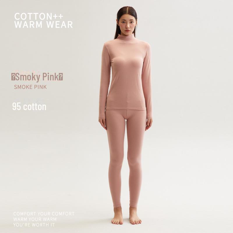 Женский хлопковый термокостюм со средней горловиной: Комплект из брюк и рубашки облегающего кроя на осень