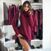 Women Sweater High Collar Long Sleeve Ribbed Trim Knitted Tops Solid Color Loose Fit Autumn Winter Casual Sweater