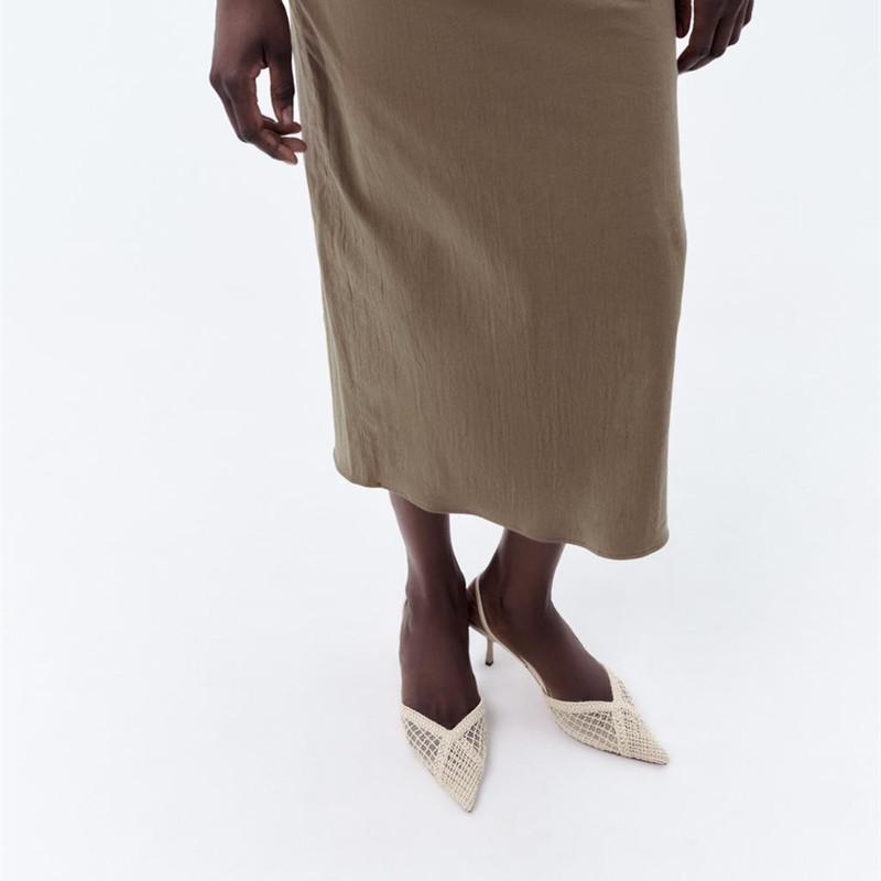 Модный сетчатый плетеный дизайн Тонкие высокие каблуки Женские Сексуальные с острым носком Дышащие Босоножки на каблуке с ремешком сзади Элегантные Бежевые Туфли для вечеринки