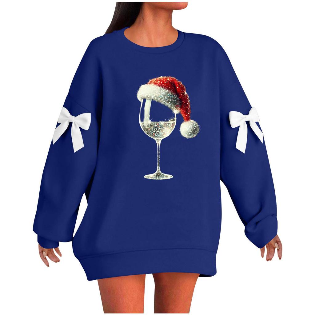 Ladies' Christmas Printed Bow Round Neck Long Sleeved Loose Pullover Sweater Sweatshirt Top