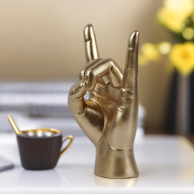Gold Decoration, Music Sign Rock Hand Statue Living Room Bedroom Finger Modern Hand Gesture Sculpture Home Shelf Desktop Gift