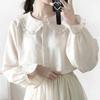 Summer Autumn Single Breasted Flare Sleeve Women Fashion Tops Blouse Solid Color Kawaii Loose Long Sleeve Shirts Peter Pan Collar