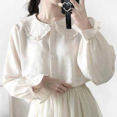 Лето-осенняя однобортная женская расклешенная рубашка с расклешенными рукавами, модные топы, блузка, однотонная кавайная свободная рубашка с длинным рукавом, воротник Питера Пэна