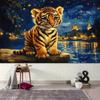 2D Whimsical Tiger Cub by Water Backdrop with Starry Night Lights