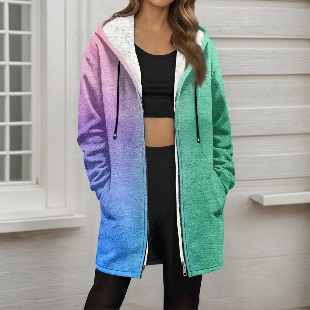 Женская модная флисовая куртка-худи свободного кроя на молнии с градиентным принтом