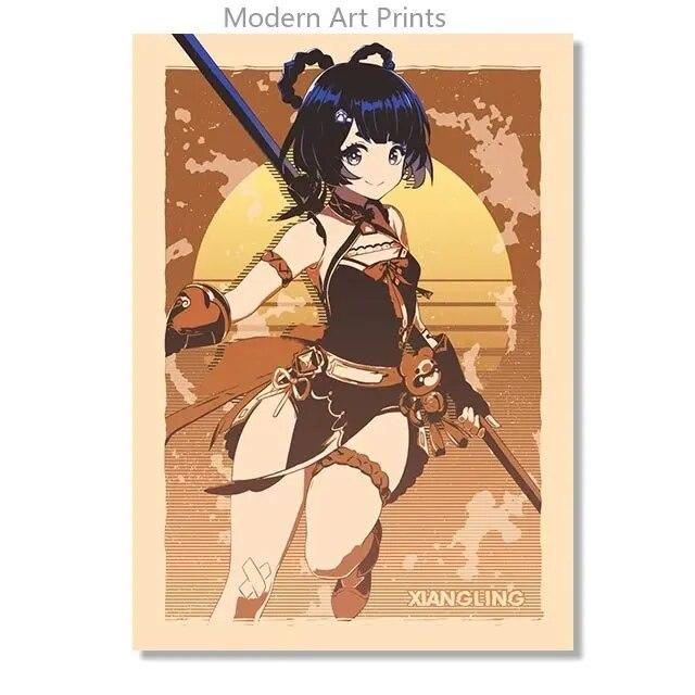 Ретро Genshin Impact Ganyu Hutao игровой плакат печать на холсте настенные аниме фотографии домашний декор комнаты без рамки
