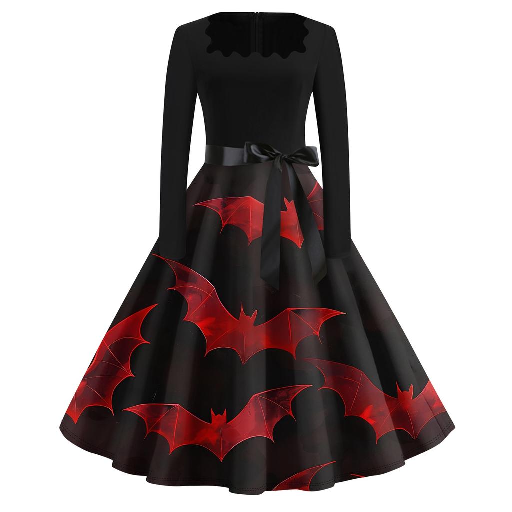 Платье с расклешенным принтом на Хэллоуин для женщин, платье с длинным рукавом, полые вечерние повседневные платья