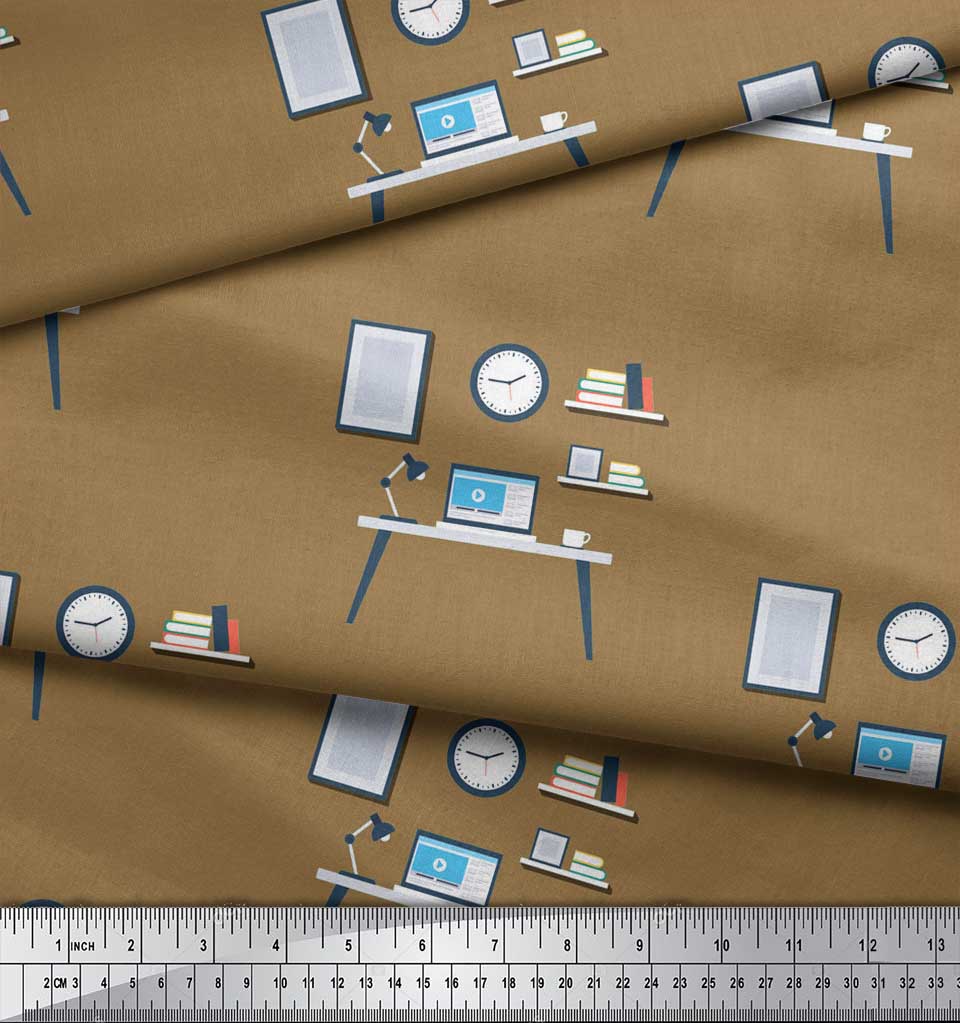 Soimoi Синий японский креп-сатиновый монитор, книги и учебный стол, образовательная тема, метр швейной ткани с принтом, 42 дюйма