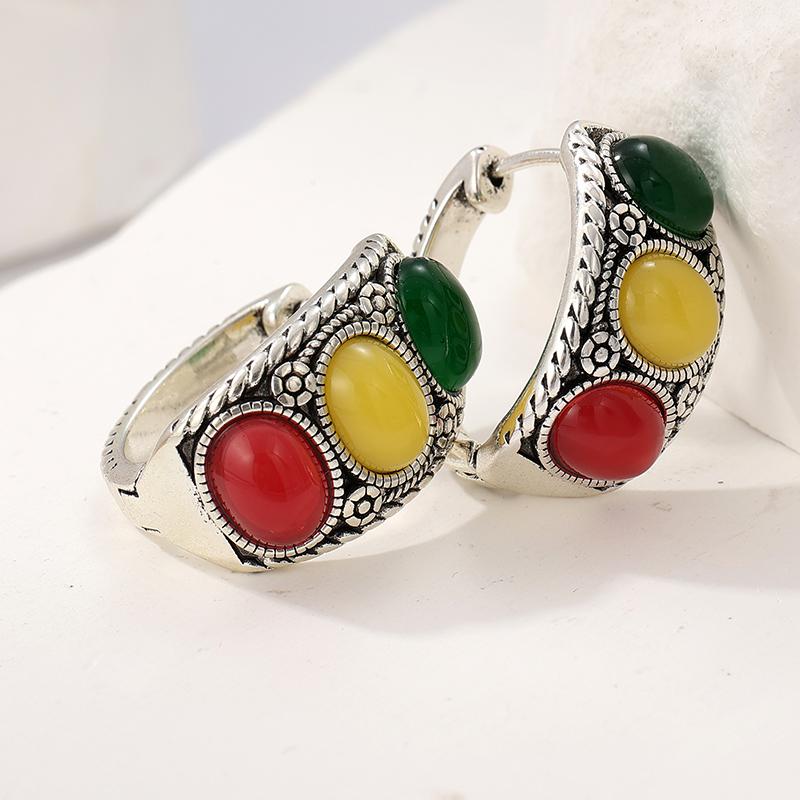 Винтажные Посеребренные Ручной Резьбы Текстовые Цветные Синтетические Бирюзовые Серьги-Кольца Женские Бохо Стиль Банкетные Украшения Поделки